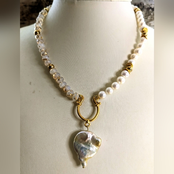 White Opal W/ Gold Specks Beads & Natural Pearls W/ Pearl Pendant Necklace - Picture 1 of 9